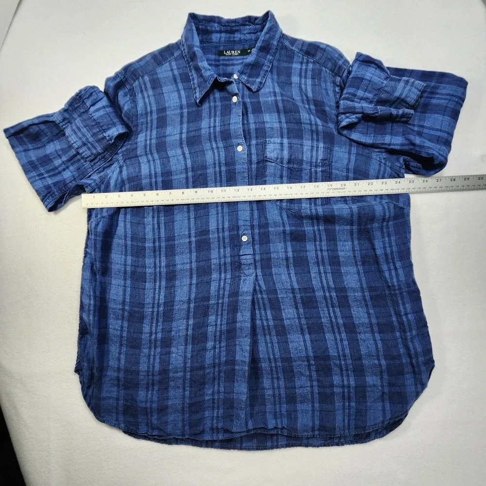 Lauren Ralph Lauren 100% Linen Button Up Tunic Women 2X Blue Plaid Prep Coastal